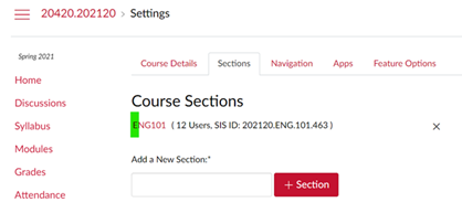 Under Settings, the Sections tab shows the Course Sections.