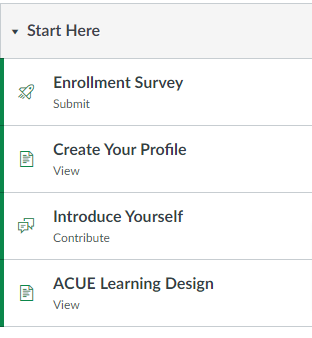 Drop down menu of the "Start Here" Module listing the four steps listed.