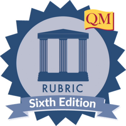 A blue badge and ribbon representing successful completion of the Applying the QM Rubric workshop