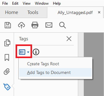 An image showing where to Add Tags to the Document in Adobe Acrobat