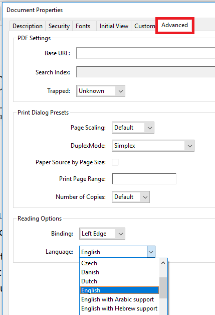 An image showing the change of Language option under the Advanced tab