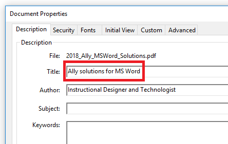 An image showing how to add a Title to the Document Properties