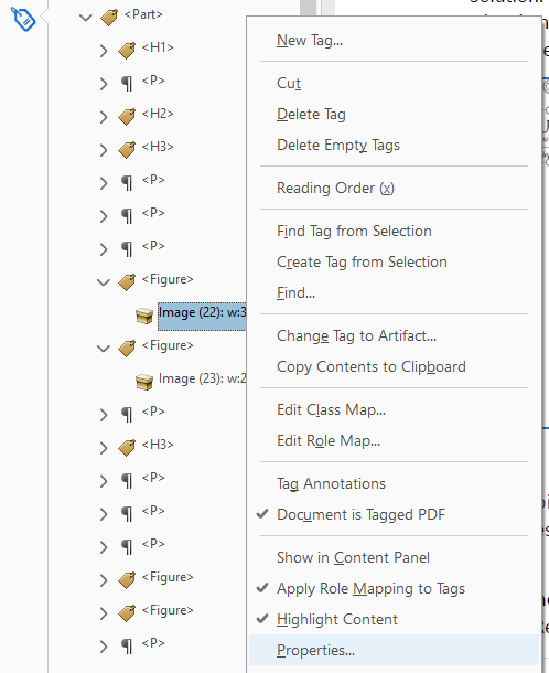 An image showing the Properties of the Image Tag on Adobe Acrobat