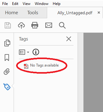 An image showing no tags available in Adobe Acrobat