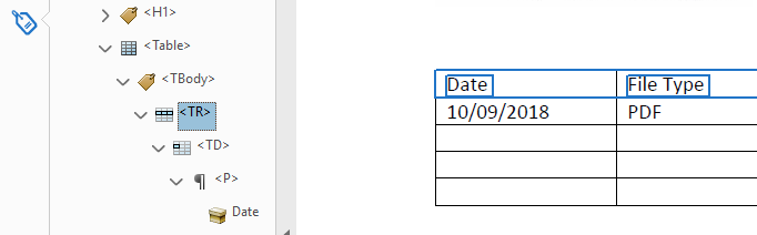 An image showing that clicking the TR tag also highlights the text in the table