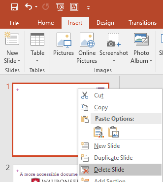 An image showing one way to delete the slide after utilizing the title feature