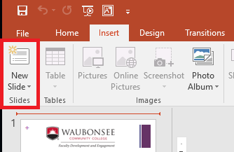 An image showing where to click the Insert tab and add a new slide