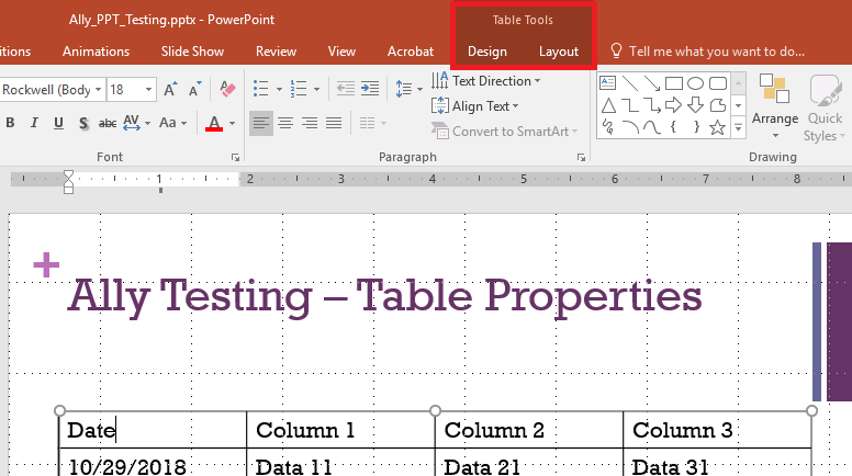 An image showing user how to access the Table Tools in PowerPoint