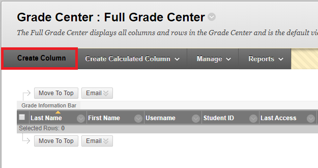 An image showing the Create Column button on Blackboard Grade Center