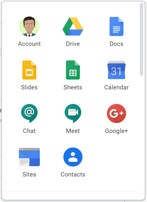 Google apps when the Google suite icon is expanded