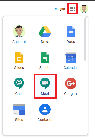 The Google Meet icon is under the Google apps List