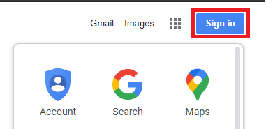 Google sign-in is at the right upper corner of google.com