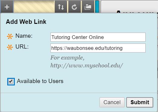 Add Web Link for Tutoring Center Help online to the navigation menu