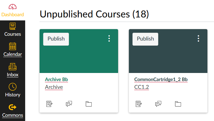 A list of unpublished courses on the Canvas Dashboard