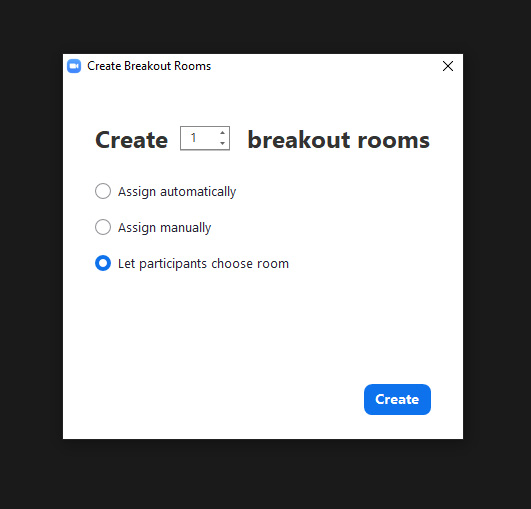 The create breakout rooms dialog box