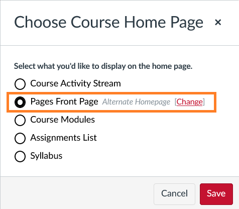 The radio option to choose a new page