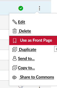 The menu option to set a page as a frontpage