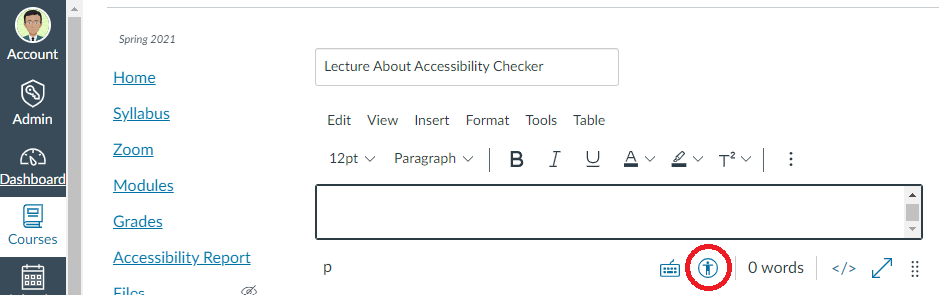 The Accessibility Checker icon is located at the right lower corner of the Rich Content Editor.