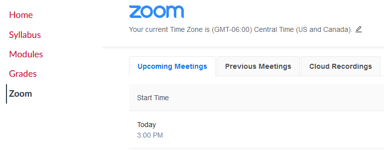 The upcoming meetings page. The example shows the next meeting for today at 3 PM.