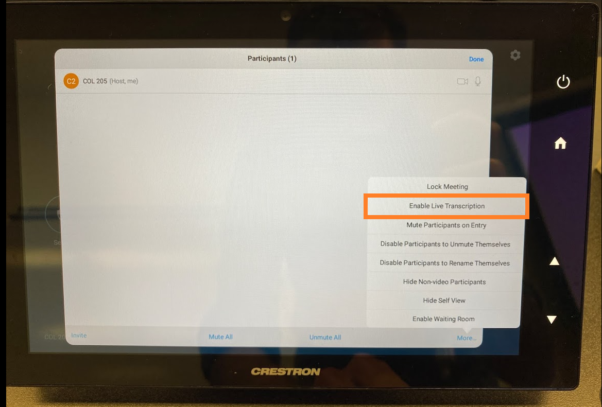 Creston Control Panel Screenshot-Enable Live Transcription Button outlined in orange