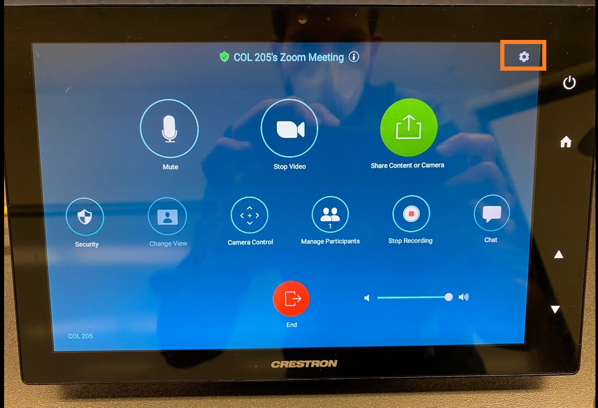 Creston Control Panel Screenshot-Gear Icon outlined in orange
