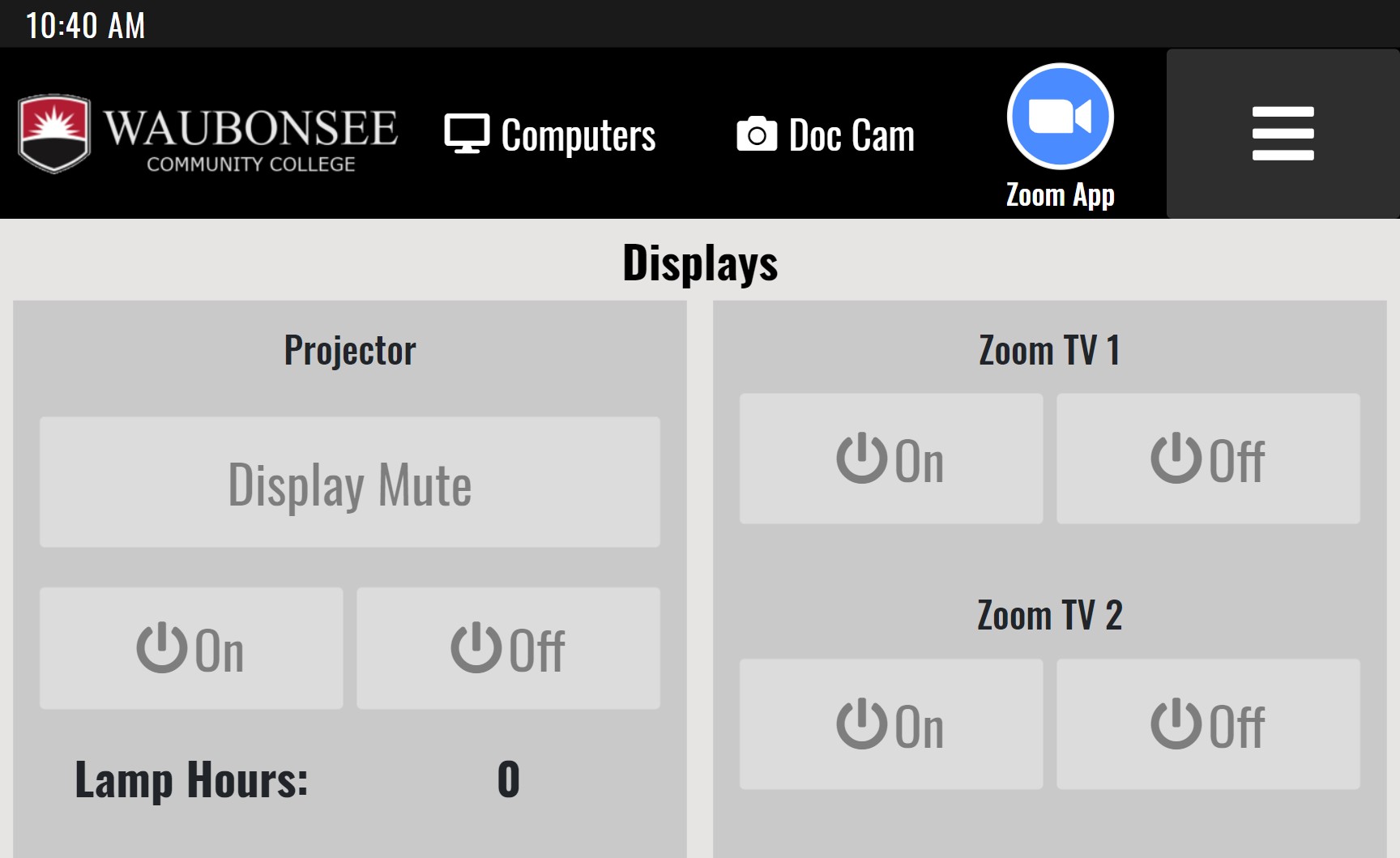 Crestron Control Panel-Display Control Screen