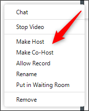 More menu lists with red arrow pointing to Make Co-Host