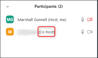Zoom Participants Window with Co-host label next to participant's name