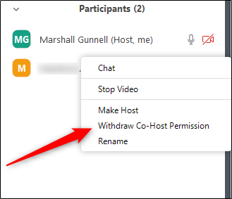 Zoom Participants Window with menu option to Withdraw Co-Host Permission indicated