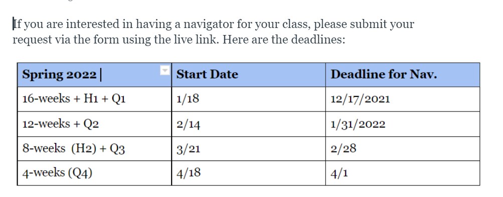 Graphic of deadlines for faculty to choose a navigator.