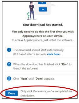 Dialogue box indicating that download has started with blue "Done" button highlighted with a red circle
