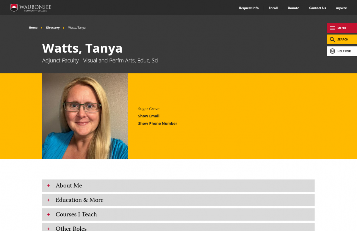 A screenshot of Tanya Watts' web page