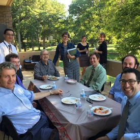 employees enjoying lunch on the lakeview lookout balcony