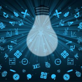 science related icons surrounding a bulb