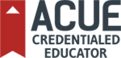 A red ribbon with text that reads: ACUE credentialed educator
